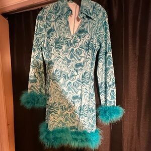 Vintage Style Blue Swirl Dress with Feather Trim